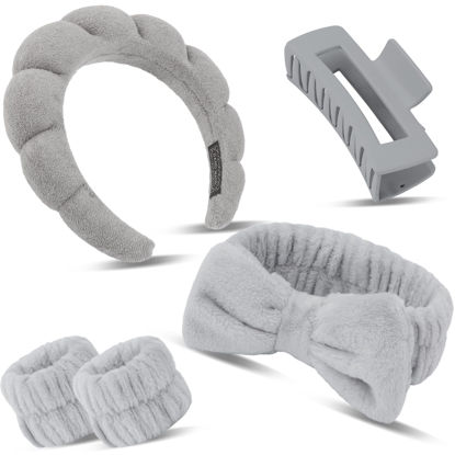 Picture of Canitor Sponge Spa Headbands Wristband Set with Hair Clips Skincare Headbands for Washing Face Non Slip Puffy Terry Cloth Makeup Headband Face Wash Wrist Bands Cute Trendy Stuff (gray)