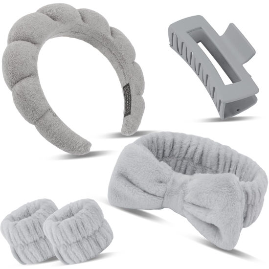 Picture of Canitor Sponge Spa Headbands Wristband Set with Hair Clips Skincare Headbands for Washing Face Non Slip Puffy Terry Cloth Makeup Headband Face Wash Wrist Bands Cute Trendy Stuff (gray)