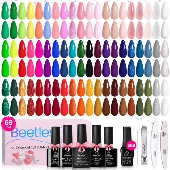 Picture of Beetles Gel Nail Polish Set, 69 PCS 60 Colors Spring Gel Nail Polish Kit Neon Pastel Jelly Glitter Nude Pink White Red Blue Green Brown Base Coat Glossy Matte Top Coat Gel Valentines Gift for Women