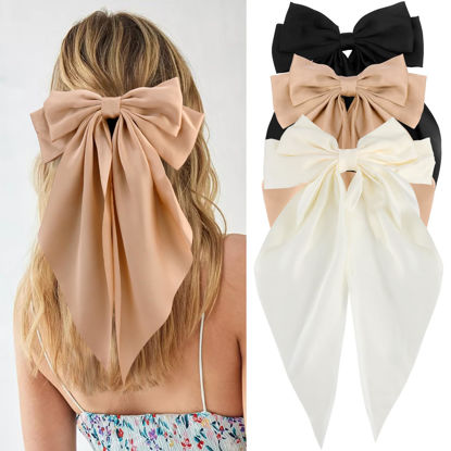 Picture of Velscrun Hair Bows for Women Girls 3Pcs White Silky Satin Large Hair Bow Black Coquette Bow Brown Big Bows Hair Clip Oversized Hair Ribbons Long Tail Hair Bow Hair Barrettes Hair Accessories Gifts
