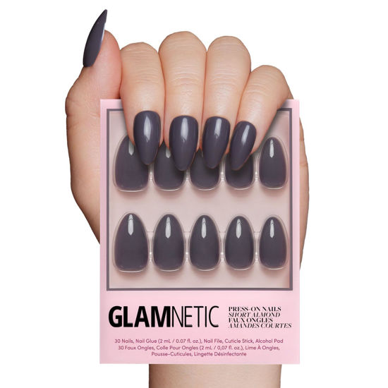 Picture of Glamnetic Press On Nails - Ash Gray | Opaque Muted Smoke Gray Short Almond False Nails, Reusable Stick On Fake Nails with Glue | Salon Quality | 15 Sizes - 30 Nail Kit