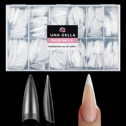 Picture of UNA GELLA Stiletto Gel Nail Tips Gel x 504pcs Long Stiletto Almond Clear Curved Nails Tips Half Cover False Fake Nails for DIY Stiletto Press On Nails Extension Art Salon 12 Sizes