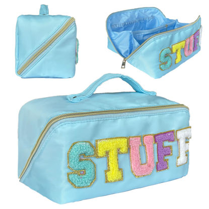 Picture of Stoney Clover Dupes Preppy Makeup Bag Blue Stoney Clover Stuff Bag for Travel Chenille Letter Bag Large Capacity Travel Cosmetic Bag Nylon Pouch Lay Flat Makeup Bag Open Flat Varsity Letter Bag