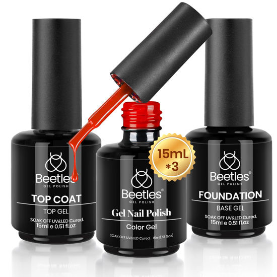 Picture of Beetles Red Gel Nail Polish Set 3Pcs 15ml No Wipe Gel Top Coat & Base Coat Red Gel Polish Soak Off Uv Nail Lamp-Shine Finish and Long Lasting Gel Glossy Top Coat Base Gel Nail Art Design Manicure Kit