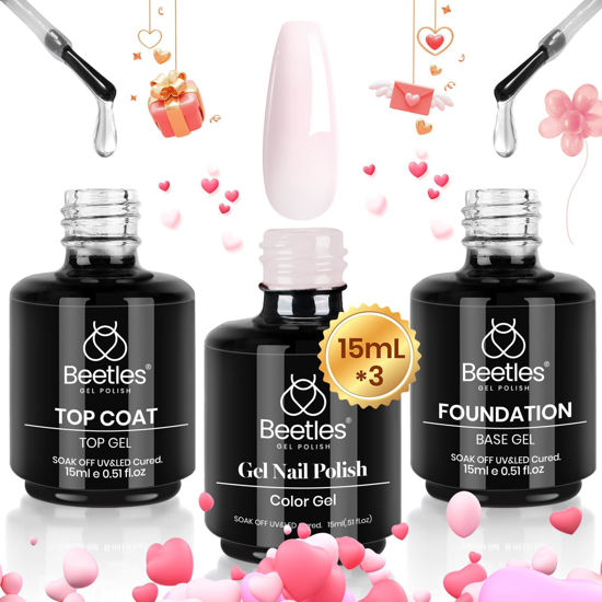 Picture of beetles Gel Polish 3 Pcs 15ml No Wipe Gel Top & Base Coat Milky Pink Gel Polish Set Soak Off Uv Nail Lamp-Shine Finish and Long Lasting Gel Glossy Top Base Gel Nude Pink Valentine Nail Gel Polish