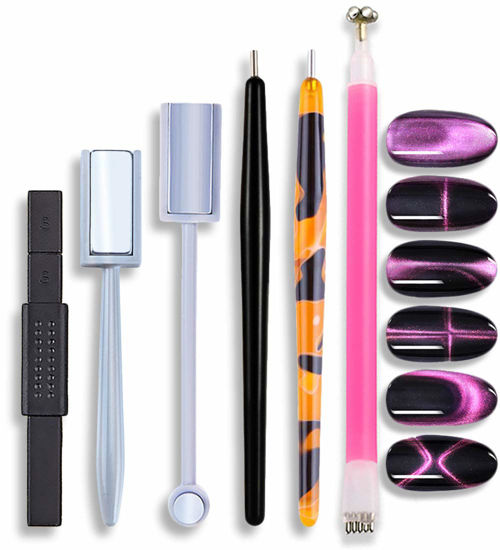 Picture of SILPECWEE 6Pcs Nail Art Magnetic Pen Set 3D Cat Eye Design Dual-Ended Magnet Wand Gel Nail Polish Magic Manicure DIY&Salon Tools