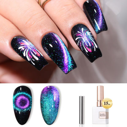 Picture of Double Rhythm Jelly Glass Cat Eye Gel Polish with Magnet 15ML Holographic Glitter Shimmer Translucent Sheer Color Magnetic Nail Polish Salon DIY at Home (Blue Purple-MC1049)