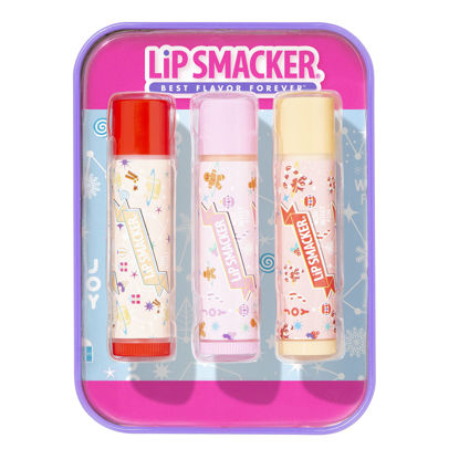 Picture of Lip Smacker Holiday Christmas Flavored Lip Balm Original & Best Tin - Moisturizing, Soothing Trio Eggnog, Gingerbread, & Candy Cane