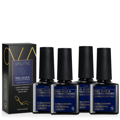 Picture of Valitic Nail Glue and Strengthener for Acrylic and Press On Nails - Quick Dry Brush On Nail Gel for Long Lasting Nails - Adhesive Nail Bond for False Nails - Nail Strengthener for Nail Tips - 4 PACK