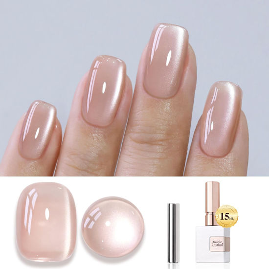 Picture of Double Rhythm Jelly Glass Cat Eye Gel Polish with Magnet 15ML Holographic Glitter Shimmer Translucent Sheer Color Magnetic Nail Polish Salon DIY at Home (Jelly Glass Nude-MC1101)