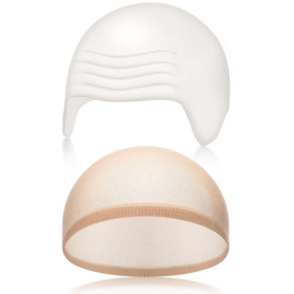 Picture of Syhood 2 Pieces Halloween Bald Cap Makeup Latex Bald Head Wig Caps Bald Hat Cosplay Costume for Adults(White, Beige)