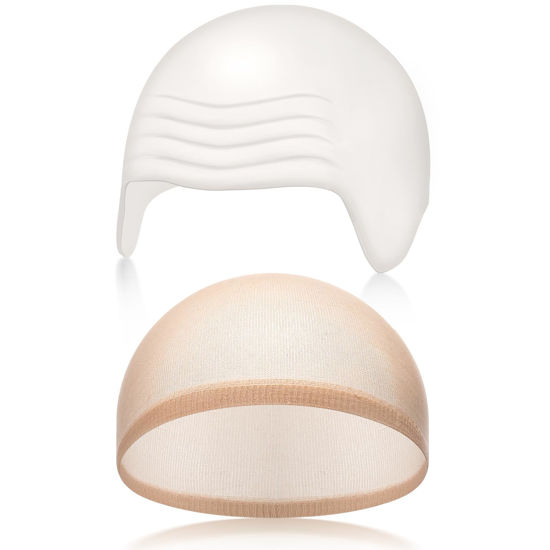 Picture of Syhood 2 Pieces Halloween Bald Cap Makeup Latex Bald Head Wig Caps Bald Hat Cosplay Costume for Adults(White, Beige)