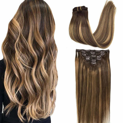 Picture of GOO GOO Clip in Hair Extensions Real Human Hair, Remy Human Hair Extensions Clip ins for Women, Natural Human Hair, 26inch 135g 7Pcs, 4/27/4 Balayage Chocolate Brown to Caramel Blonde