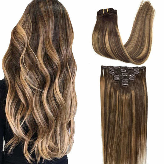 Picture of GOO GOO Clip in Hair Extensions Real Human Hair, Remy Human Hair Extensions Clip ins for Women, Natural Human Hair, 26inch 135g 7Pcs, 4/27/4 Balayage Chocolate Brown to Caramel Blonde