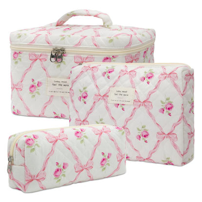 Picture of Makeup Bag,Quilted Cosmetic Bag,Large Floral Make Up Bag for Women,Cotton Makeup Bag Set,Flower Travel Toiletry Bag