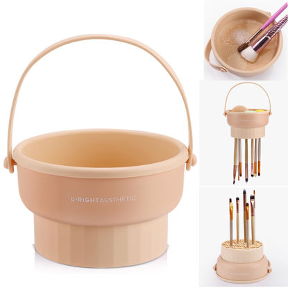 Picture of Makeup Brush Cleaner Mat 3 in 1 Silicone Makeup Brush Cleaner Bowl Cosmetic Brushes Cleaning Tool Organizer for Storage and Air Drying（Khkai)