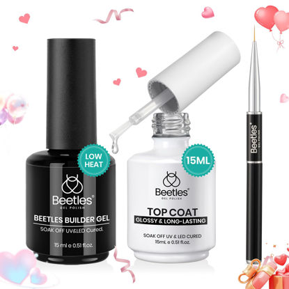 Picture of Beetles Builder Gel and Glossy Top Coat No Wipe for Nails, 15ml Low Heat Hypoallergenic Clear 7 in 1 Builder Gel High Shine Long Lasting Top Coat with Detachable Liner Nail Brush Valentines Day Gifts