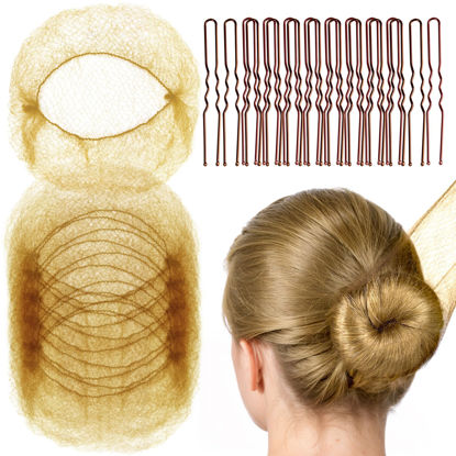 Picture of FANDAMEI 20PCS Hair Nets for Buns Invisible and 40PCS U Shaped Hair Pins Set, 20PCS 50cm Bun Nets for Ballet Girls and 40pcs Hair Bun Pins for Women, Girls, Kids Ballet Bun Maker Dance (Light Brown)