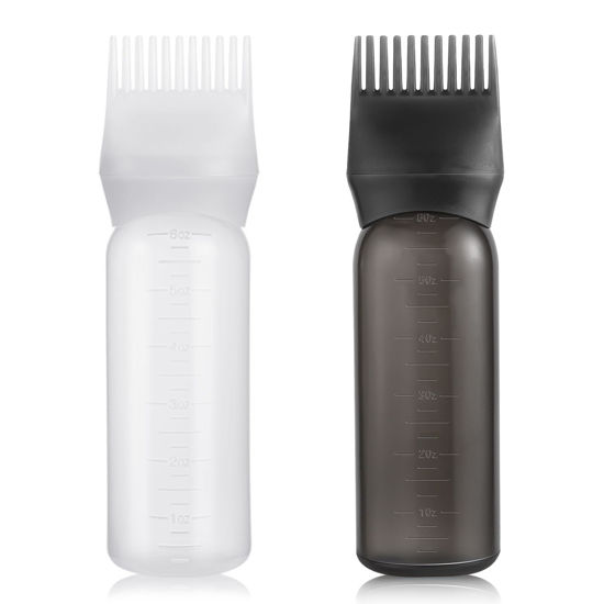 Picture of Pimoys 2 Pack Root Comb Applicator Bottle 6 Ounce Oil Applicator for Hair Dye, Hair Oiling Applicator Hair Coloring Bottle with Graduated Scale, Black and White