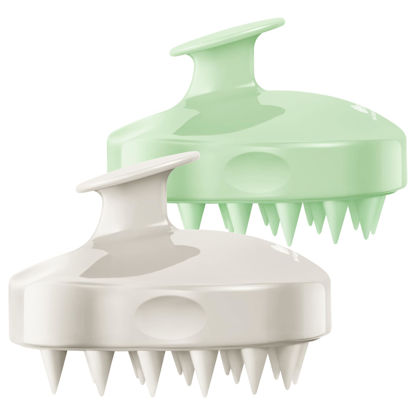 Picture of HEETA Hair Scalp Massager Shampoo Brush 2 Pack, Soft Silicone Bristles to Remove Dandruff, Waterproof Hair Scrubber for Both Wet Dry Hair, Suitable for Men & Women (Light Beige&Green)