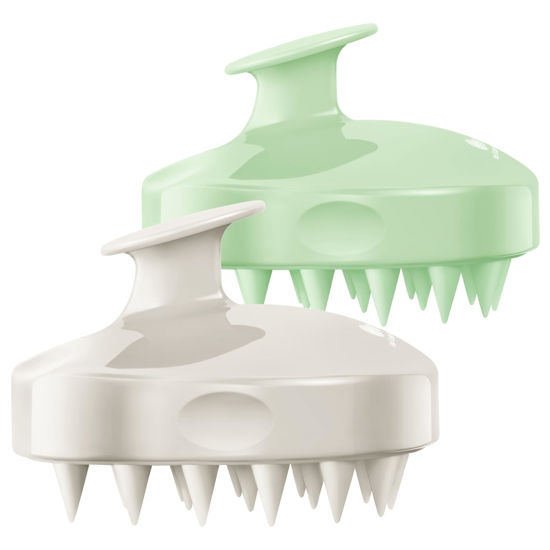 Picture of HEETA Hair Scalp Massager Shampoo Brush 2 Pack, Soft Silicone Bristles to Remove Dandruff, Waterproof Hair Scrubber for Both Wet Dry Hair, Suitable for Men & Women (Light Beige&Green)