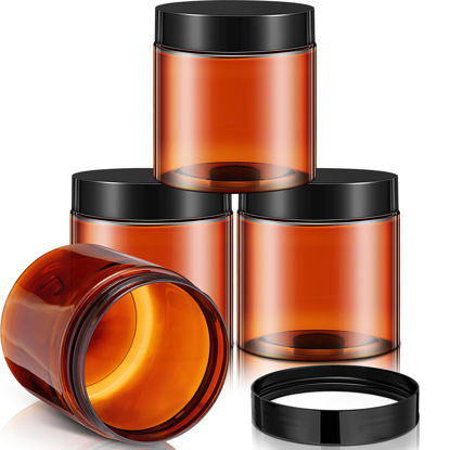 Picture of Patelai 4 Pieces Round Clear Wide-mouth Leak Proof Plastic Container Jars with Lids for Travel Storage Makeup Beauty Products Face Creams Oils Salves Ointments DIY Making or Others (Amber,8 Ounce)
