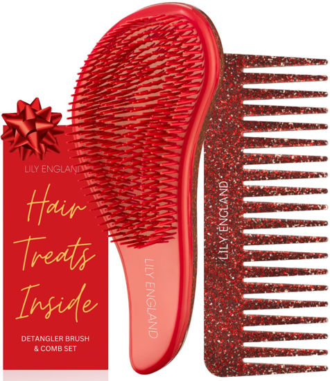Picture of Detangler Brush & Wide Tooth Comb Set - Stocking Stuffers for Women & Teen Girls, Ideal Christmas Gifts for Women Under 10 Dollars, Red Glitter