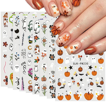 Picture of 9 Sheets 3D Halloween Nail Art Stickers Self-Adhesive Cute Skull Pumpkin Bat Ghost Spider Designs Cartoon DIY Flowers Nail Art Stickers Decals Halloween Nail Supplies for Women Nails Art Decoration