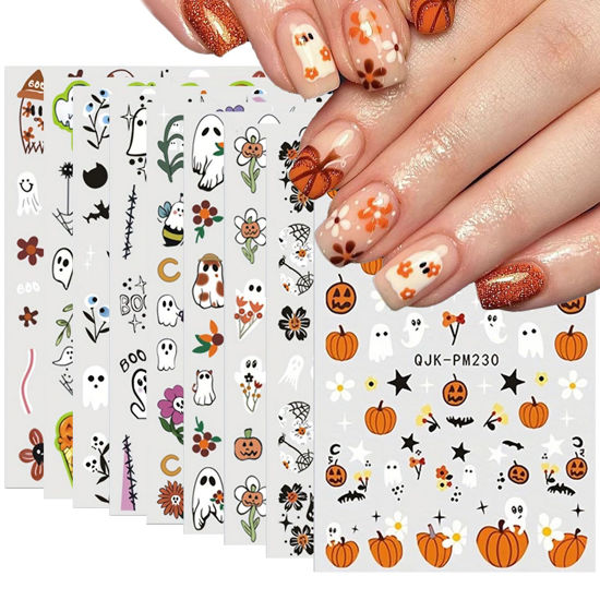 Picture of 9 Sheets 3D Halloween Nail Art Stickers Self-Adhesive Cute Skull Pumpkin Bat Ghost Spider Designs Cartoon DIY Flowers Nail Art Stickers Decals Halloween Nail Supplies for Women Nails Art Decoration
