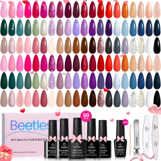 Picture of Beetles 60 Colors Gel Nail Polish Set, Spring Summer Red Brown Glitter Blue Gel Polish 69 PCS Exquisite Femininity Collection with 5Pcs Base Top Coat Gel Soak Off Gel Valentine's Day Gifts for Women