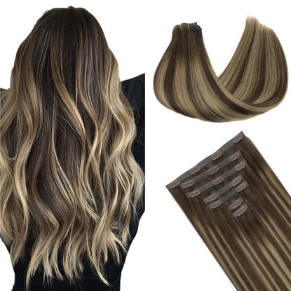 Picture of GOO GOO Clip in Hair Extensions Real Human Hair, Remy Human Hair Extensions Clip ins for Women, Natural Human Hair, 24inch 160g 7Pcs, 4/26/4 Balayage Chocolate Brown to Honey Blonde
