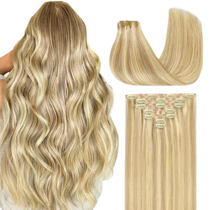 Picture of GOO GOO Clip in Hair Extensions Real Human Hair, Remy Human Hair Extensions Clip ins for Women, Natural Human Hair, 16inch 110g 7Pcs, 18D/22F Dirty Blonde Highlights