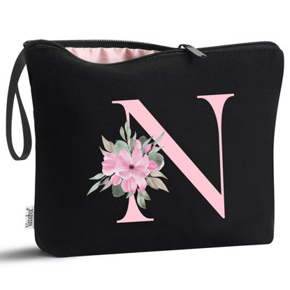 Picture of Vavabox A-Z Personalized Makeup Bag,Birthday Gifts for Women Mom,Gifts for Best Friend,Bride Bridesmaid Cosmetic bag (N, Black)