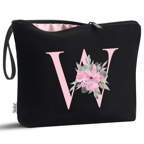 Picture of Vavabox A-Z Personalized Makeup Bag,Birthday Gifts for Women Mom,Gifts for Best Friend,Bride Bridesmaid Cosmetic bag (W, Black)