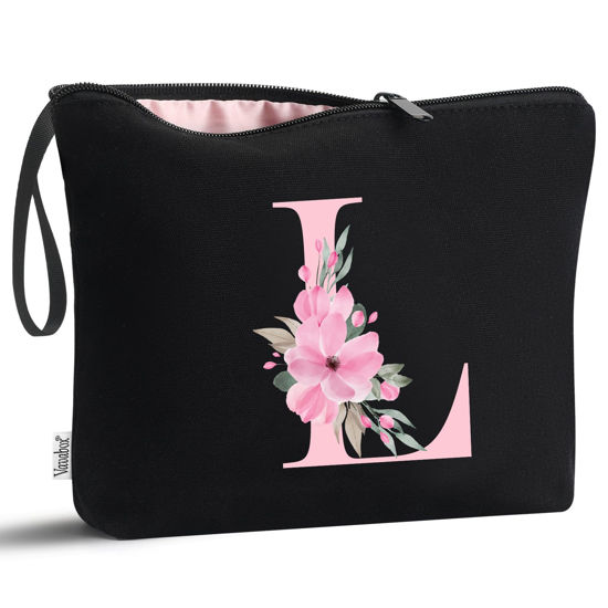 Picture of Vavabox A-Z Personalized Makeup Bag,Birthday Gifts for Women Mom,Gifts for Best Friend,Bride Bridesmaid Cosmetic bag (L, Black)