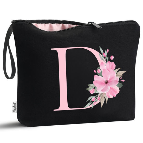 Picture of Vavabox A-Z Personalized Makeup Bag,Birthday Gifts for Women Mom,Gifts for Best Friend,Bride Bridesmaid Cosmetic bag (D, Black)