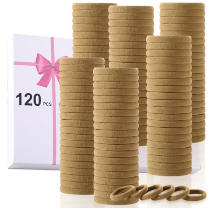 Picture of LuSeren 120 Pcs No Damage Hair Ties for Women Thick Hair, Stretchy Soft Seamless Nylon Cloth Elastic Hair Ties Ponytail Hair Holders Hair Elastics Hair Band for Women Light Brown Color