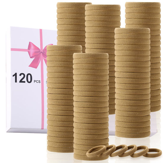 Picture of LuSeren 120 Pcs No Damage Hair Ties for Women Thick Hair, Stretchy Soft Seamless Nylon Cloth Elastic Hair Ties Ponytail Hair Holders Hair Elastics Hair Band for Women Light Brown Color