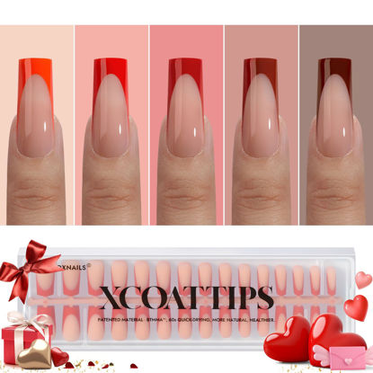 Picture of BTArtboxnails XCOATTIPS French Tip Press on Nails - Red Press On Nails Square, Valentines Long Fake Nails, 150Pcs Soak Off Soft Gel Acrylic Nail Extension in 15 Sizes