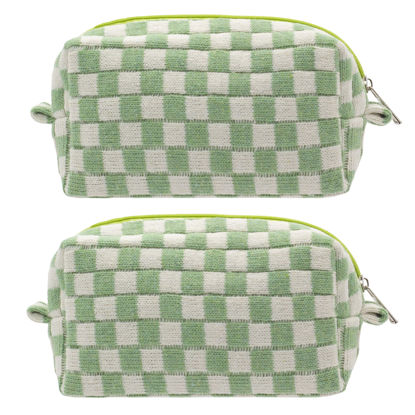 Picture of PAZIMIIK Checkered Makeup Bag for Purse Portable Zipper Make Up Pouch Small Cosmetic Case for Travel Accessories (2PCS Light Green)