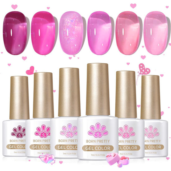 Picture of Born Pretty Jelly Pink Gel Nail Polish Milky Jelly Hot Pink Translucent Gel Polish Spring Summer Neon Pink Valentine's Day Pink Heart Gel Polish Set Nail Art Varnish Manicure Valentine's Day Gift 6PCS