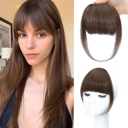 Picture of NAYOO Bangs Hair Clip in Bangs 100% Real Human Hair Extensions Brown French Bangs Clip on Hair Bangs for Women Fringe with Temples Hairpieces Curved Bangs for Daily Wear