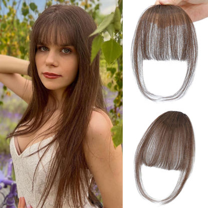 Picture of NAYOO Clip In Bangs - Brown Fake Bangs 100% Real Human Hair Extensions Wispy Clip on Air Bangs for Women Fringe with Temples Hairpieces Curved Bangs for Daily Wear(Wispy Bangs,Brown)