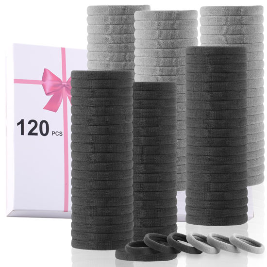 Picture of LuSeren 120 Pcs No Damage Hair Ties for Women Thick Hair, Stretchy Soft Seamless Nylon Cloth Elastic Hair Ties Ponytail Hair Holders Hair Elastics Hair Band for Women Light Grey and Grey Color