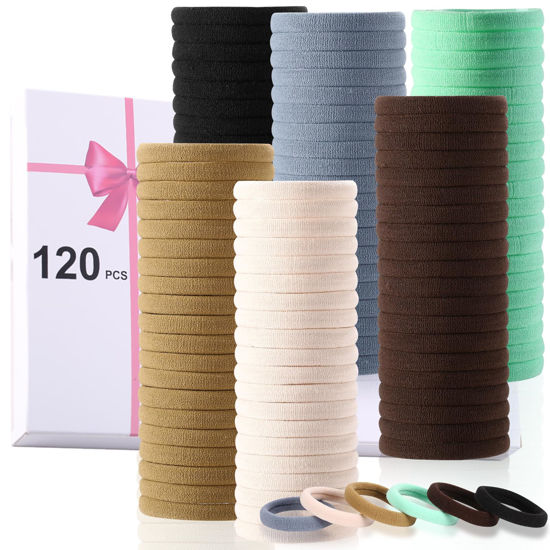 Picture of LuSeren 120 Pcs No Damage Hair Ties for Women Thick Hair, Stretchy Soft Seamless Nylon Cloth Elastic Hair Ties Ponytail Hair Holders Hair Elastics Hair Band for Women Neutrals Color