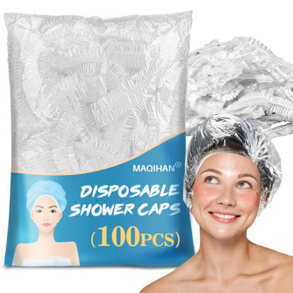 Picture of MAQIHAN 100 Disposable Shower Caps Unisex - Large Plastic Hair Caps for Deep Conditioning Shower Cap Reusable Waterproof for Women Men Hair Treatment Bath Cap for Long Hair Travel Essentials