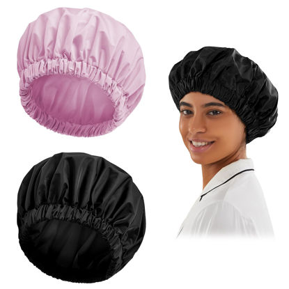 Picture of Reusable Shower Cap for Women, Large Waterproof Shower Bonnet Washable Elastic Band Bath Hair Hat for Long Hair, Braids(Black&Purple)