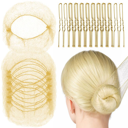 Picture of Fandamei 20PCS Hair Nets Invisible, Gold Elastic Edge Mesh, 20inch(50cm), for Bun & 40PCS U Shaped Hair Pins, Gold, 2.4inch(6cm), for Women, girls, Ballet Bun Maker Dance