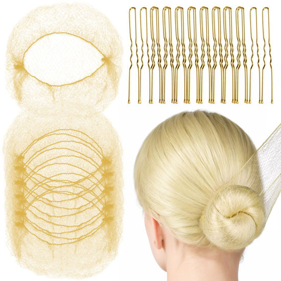Picture of Fandamei 20PCS Hair Nets Invisible, Gold Elastic Edge Mesh, 20inch(50cm), for Bun & 40PCS U Shaped Hair Pins, Gold, 2.4inch(6cm), for Women, girls, Ballet Bun Maker Dance