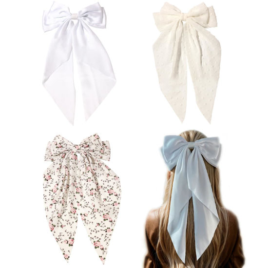 Picture of LFOUVRE Hair Accessories: Floral White Bowknot Barrettes, Dots Bow Clips with Tail, Solid Bow Hair Clips for Women and Girls, 3pcs Set